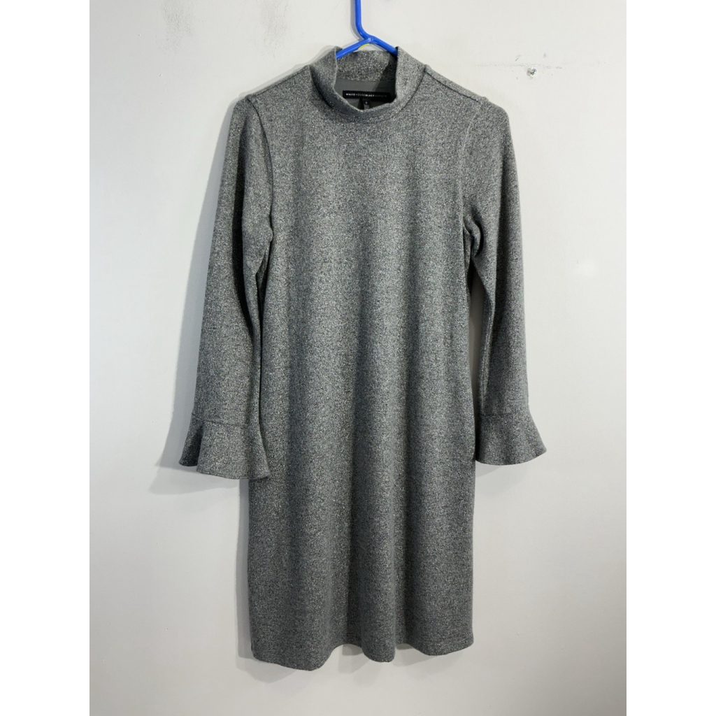 Womans White House Black Market Sheath Dress Small Silver Shimmer Bell Sleeves